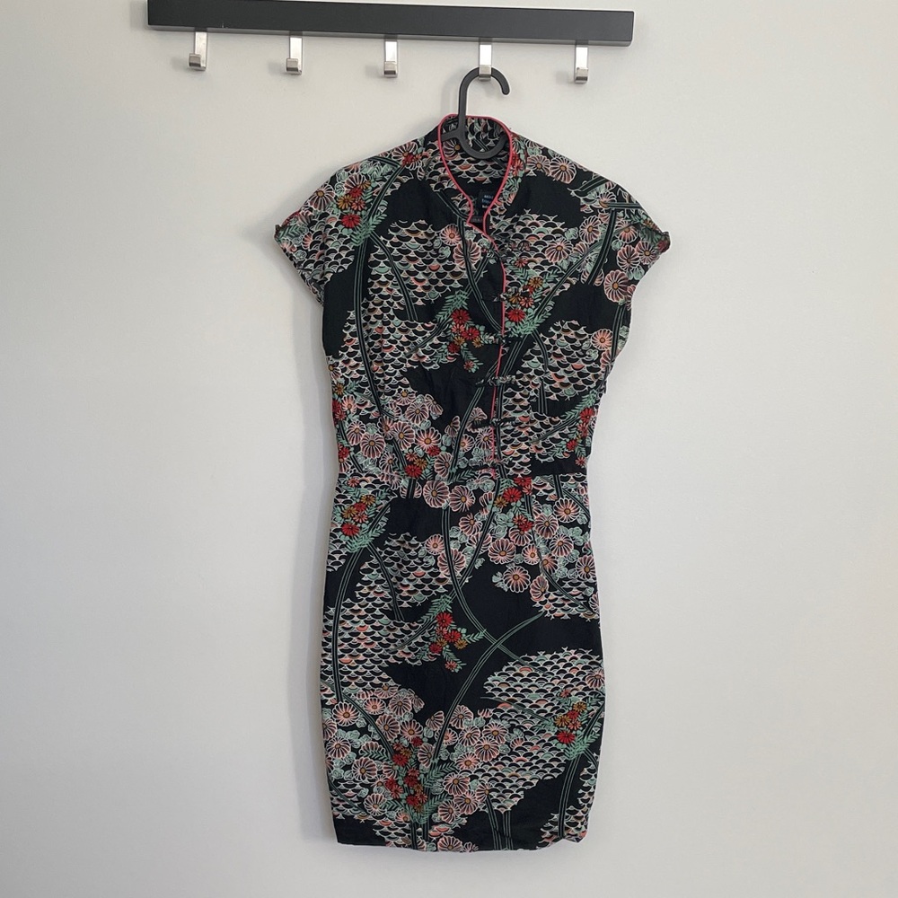 Saint Tropez West Modern Cheongsam Dress, Black Floral Mini Dress
